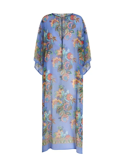 Etro Long Multicolor Kaftan With Bouquet-inspired Print In Viscose Woman In Clear Blue