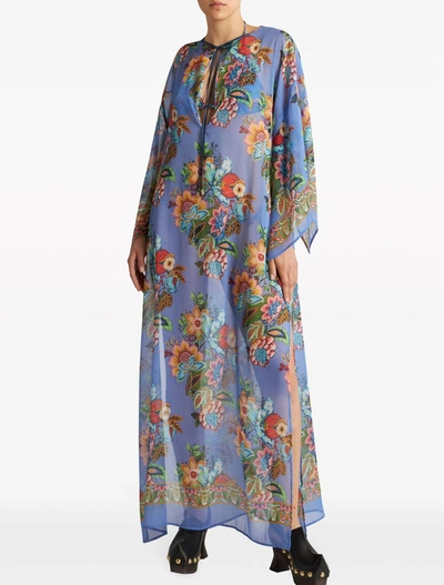 Etro Long Multicolor Kaftan With Bouquet-inspired Print In Viscose Woman In Clear Blue