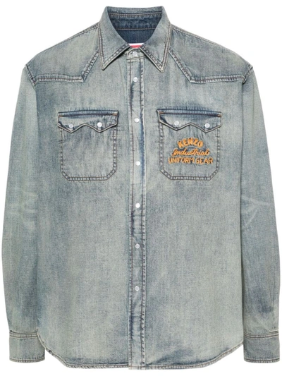 Kenzo Drawn Varsity Denim Shirt In Dirty Stone