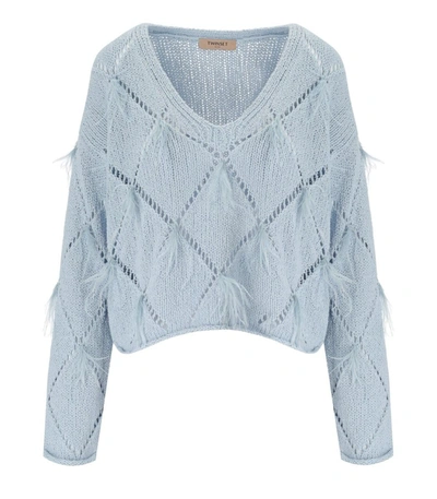 Shop Twinset Light Blue Jumper With Feathers
