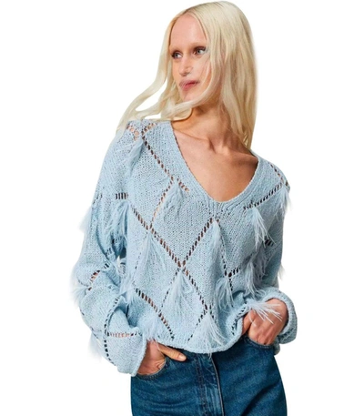 Shop Twinset Light Blue Jumper With Feathers