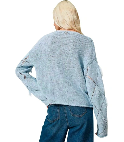 Shop Twinset Light Blue Jumper With Feathers
