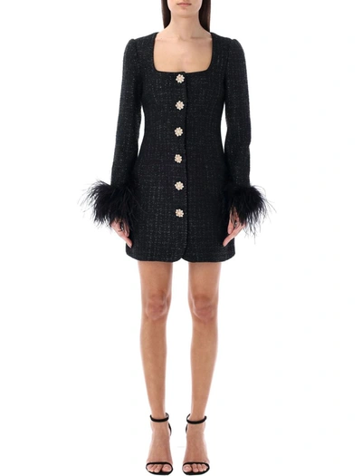 Shop Self-portrait Boucle Feather Mini Dress In Black