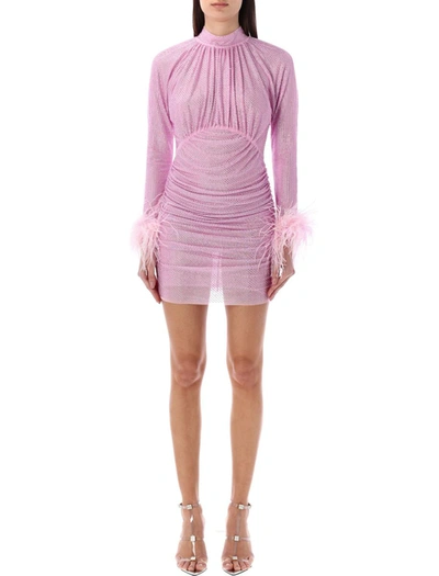 Shop Self-portrait Rhinestone Feather Mesh Mini Dress In Pink