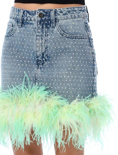 Shop Self-portrait Rhinstone Feather Denim Mini Skirt In Blue Light