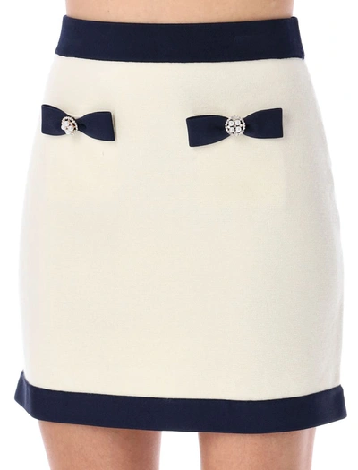 Shop Self-portrait Knit Bow Mini Skirt In Cream