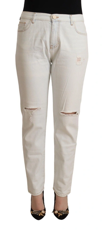Shop Pinko Cotton Distressed Mid Waist Skinny Blue Women's Jeans In White