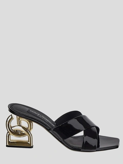 Dolce & Gabbana 75 Patent Leather Dg Heel Mules In Black