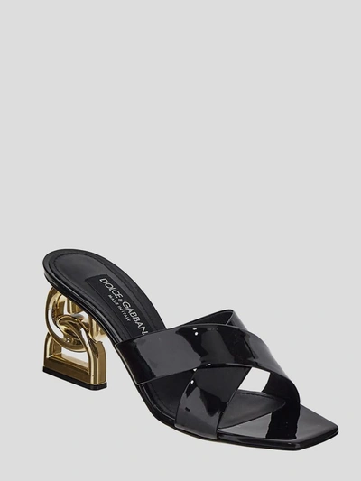 Dolce & Gabbana 75 Patent Leather Dg Heel Mules In Black