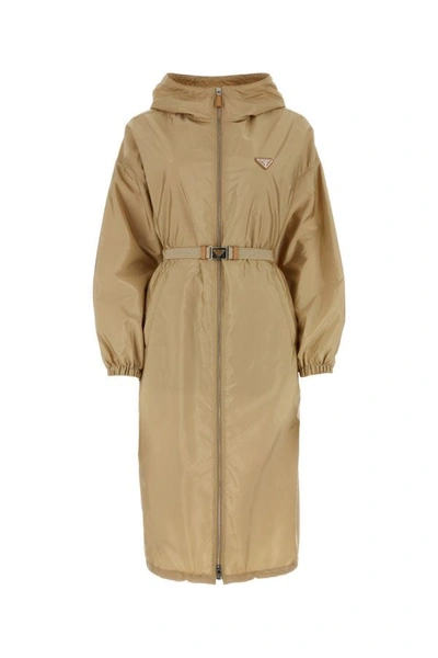 Shop Prada Woman Beige Re-nylon Raincoat In Brown