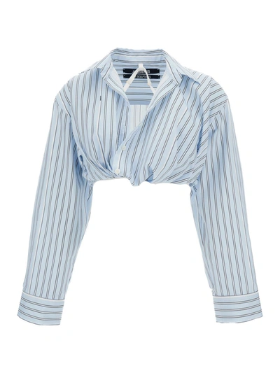 Shop Jacquemus 'la Chemise Bahia' Lighrt Blue Cropped Striped Shirt In Cotton Woman