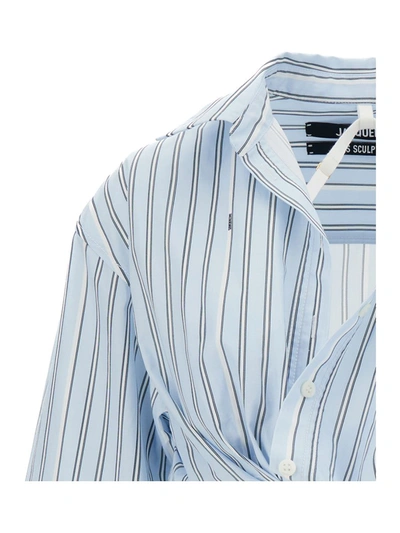 Shop Jacquemus 'la Chemise Bahia' Lighrt Blue Cropped Striped Shirt In Cotton Woman