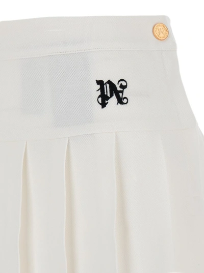 Shop Palm Angels White Pleated Mini-skirt With Logo Embroidery In Cotton Canvas Woman