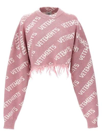 Shop Vetements 'iconic Lurex Monogram' Crop Sweater In Pink