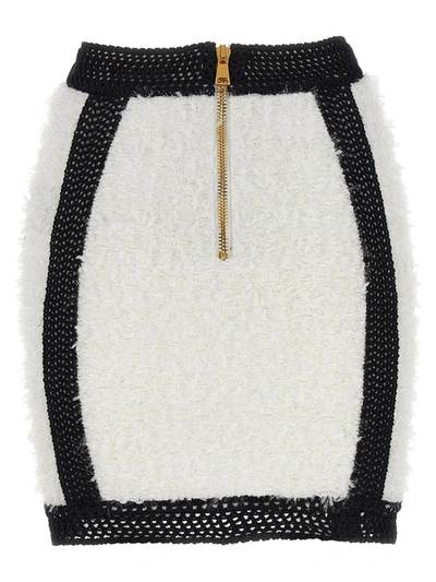 Shop Balmain Logo Button Tweed Skirt In White/black