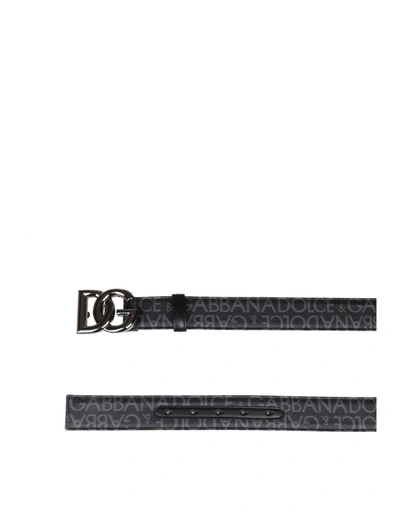 Shop Dolce & Gabbana Jacquard Fabric Belt With Logo In Black / Grey