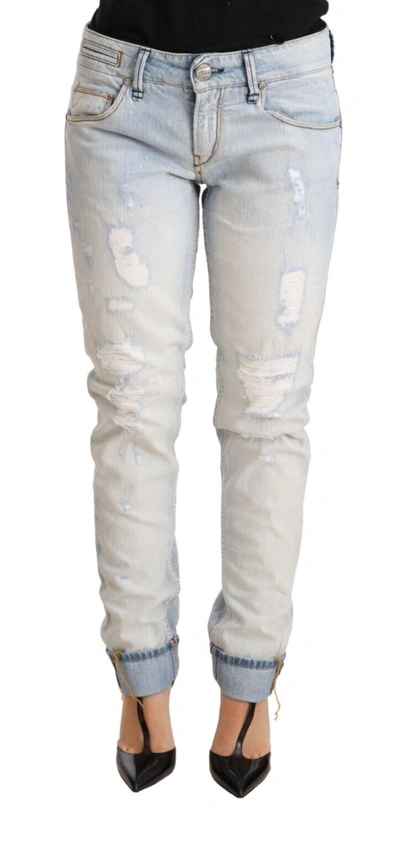 Acht Light Blue Distressed Cotton Folded Hem Denim Trouser Jeans In Multi