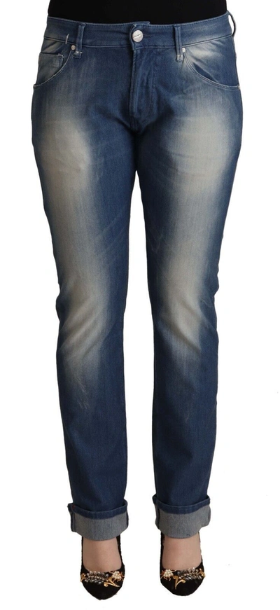 Acht Blue Washed Mid Waist Folded Hem Skinny Jeans In Blue