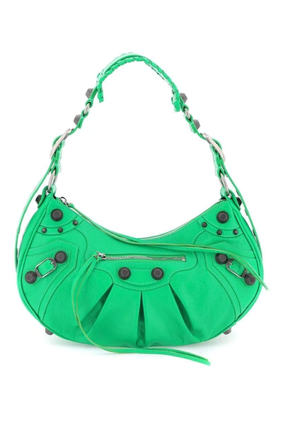 Balenciaga Le Cagole Xs Studded Crinkled-leather Shoulder Bag In Green