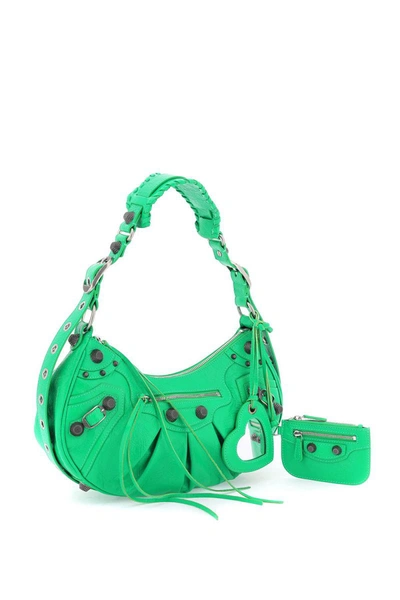 Balenciaga Le Cagole Xs Studded Crinkled-leather Shoulder Bag In Green