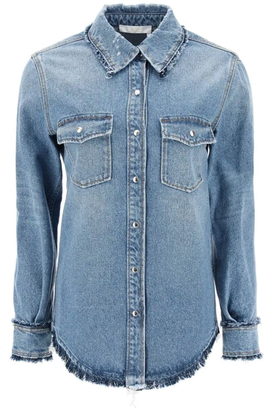 Shop Chloé Chloe' Denim Overshirt With Frayed Trims In Blue