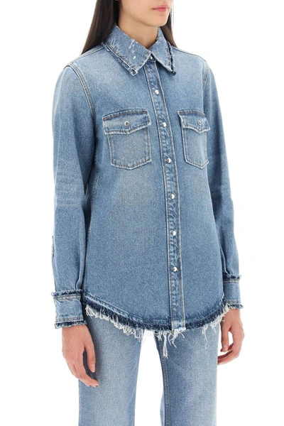 Shop Chloé Chloe' Denim Overshirt With Frayed Trims In Blue