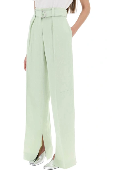 Shop Jil Sander Belted Linen Blend Trousers In Green