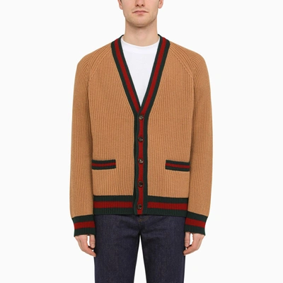 Shop Gucci Camel-coloured Wool Cardigan With Web Ribbon In Brown