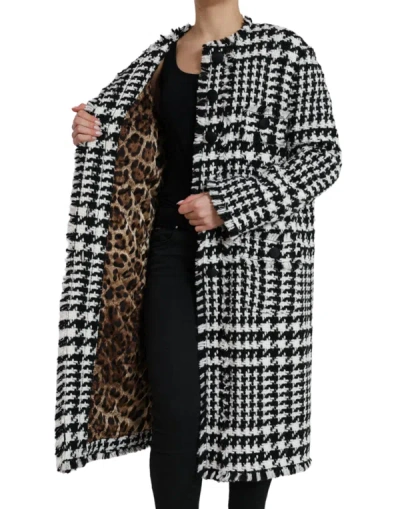 Shop Dolce & Gabbana Elegant Houndstooth Long Trench Women's Coat In Black And White