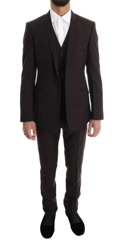Shop Dolce & Gabbana Elegant Brown Striped Three-piece Wool Men's Suit
