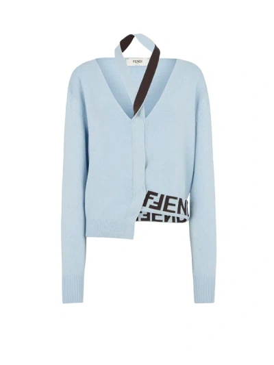 Shop Fendi Wool And Cashmere Asymmetric Cardigan With Logo Inlay