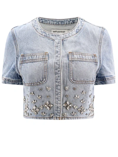 Shop Self-portrait Denim Top With Rhinestones