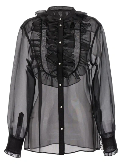 Dolce & Gabbana Sheer Fabric Ruffle Plastron Shirt In Black