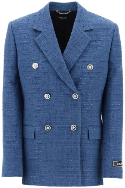 Shop Versace Blazer Doppiopetto In Tweed Bouclé In Light Blue