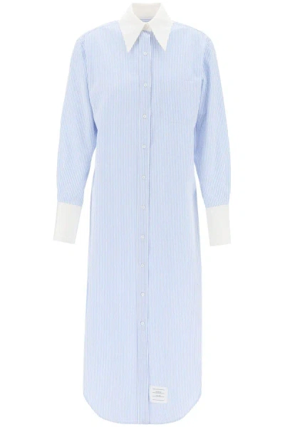 Shop Thom Browne Abito Chemisier In Seersucker A Righe In White, Light Blue