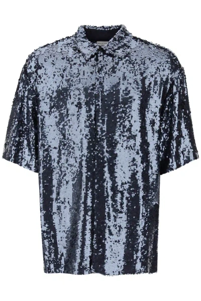 Shop Dries Van Noten Cassidye Short Sleeve Sequin Shirt In Blue