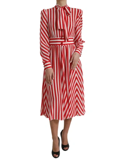 Shop Dolce & Gabbana Elegant Striped Silk Maxi Dress With Ascot Women's Collar In White And Red