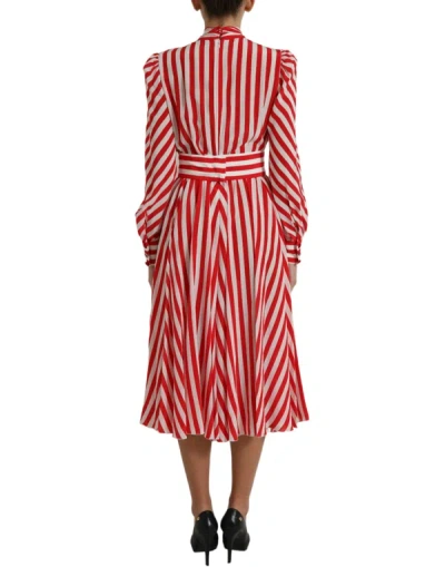 Shop Dolce & Gabbana Elegant Striped Silk Maxi Dress With Ascot Women's Collar In White And Red
