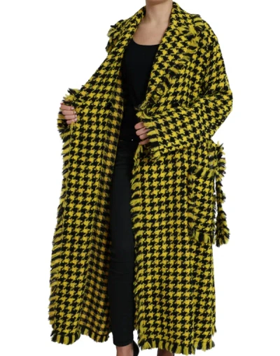 Shop Dolce & Gabbana Chic Houndstooth Virgin Wool Long Women's Coat In Yellow
