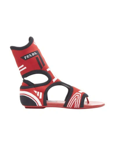 Shop Prada Red Black White Stretch Sock Knit Thong Flat Sandals