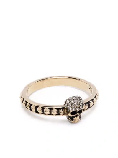 Shop Alexander Mcqueen Light Gold Ring With Pavé And Skull In Golden