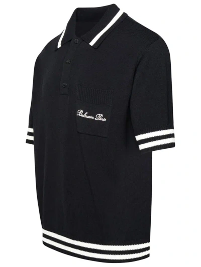 Shop Balmain ' Iconica' Black Cotton Blend Polo Shirt