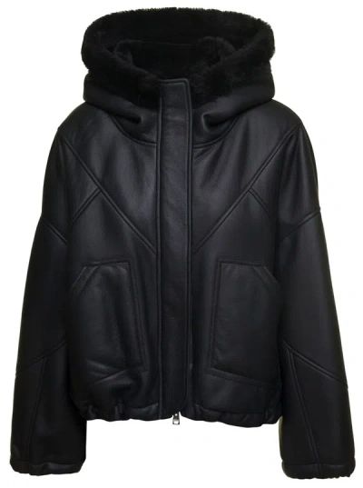 Shop Blancha Black Cropped Hooded Shearling Jacket In Merino Woman