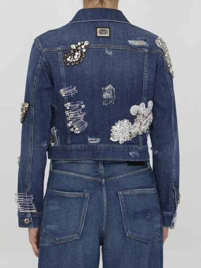 Shop Dolce & Gabbana Denim Jacket With Rhinestones In Blue