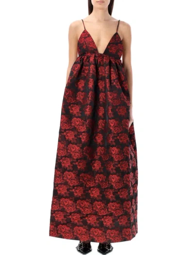 Ganni Botanical Jacquard Long Strap Dress In Red