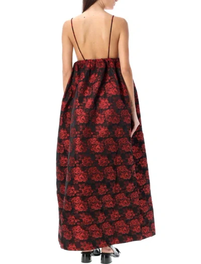 Ganni Botanical Jacquard Long Strap Dress In Red