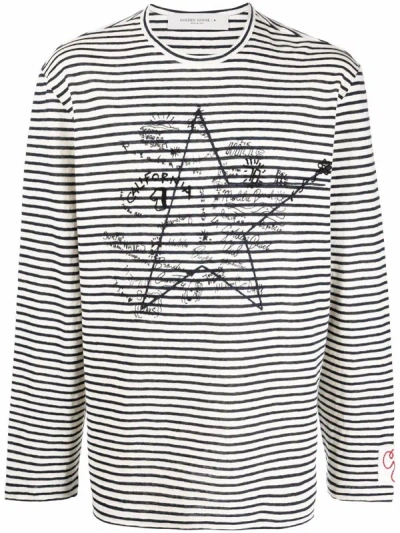 Shop Golden Goose Long Sleeve  Regular T-shirt Striped Cotton Linen With Embroidery Clothing In Nude & Neutrals