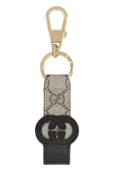 Shop Gucci Fabric Key Ring With Logo In Beige