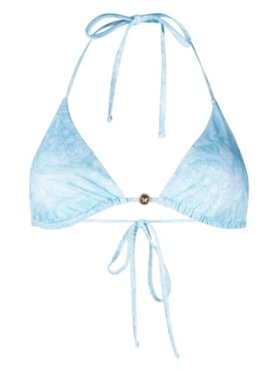 Shop Versace Barocco Print Triangle Bikini Top In Clear Blue