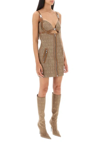 Shop Versace Monogram Mini Dress With Leather Trims In Beige